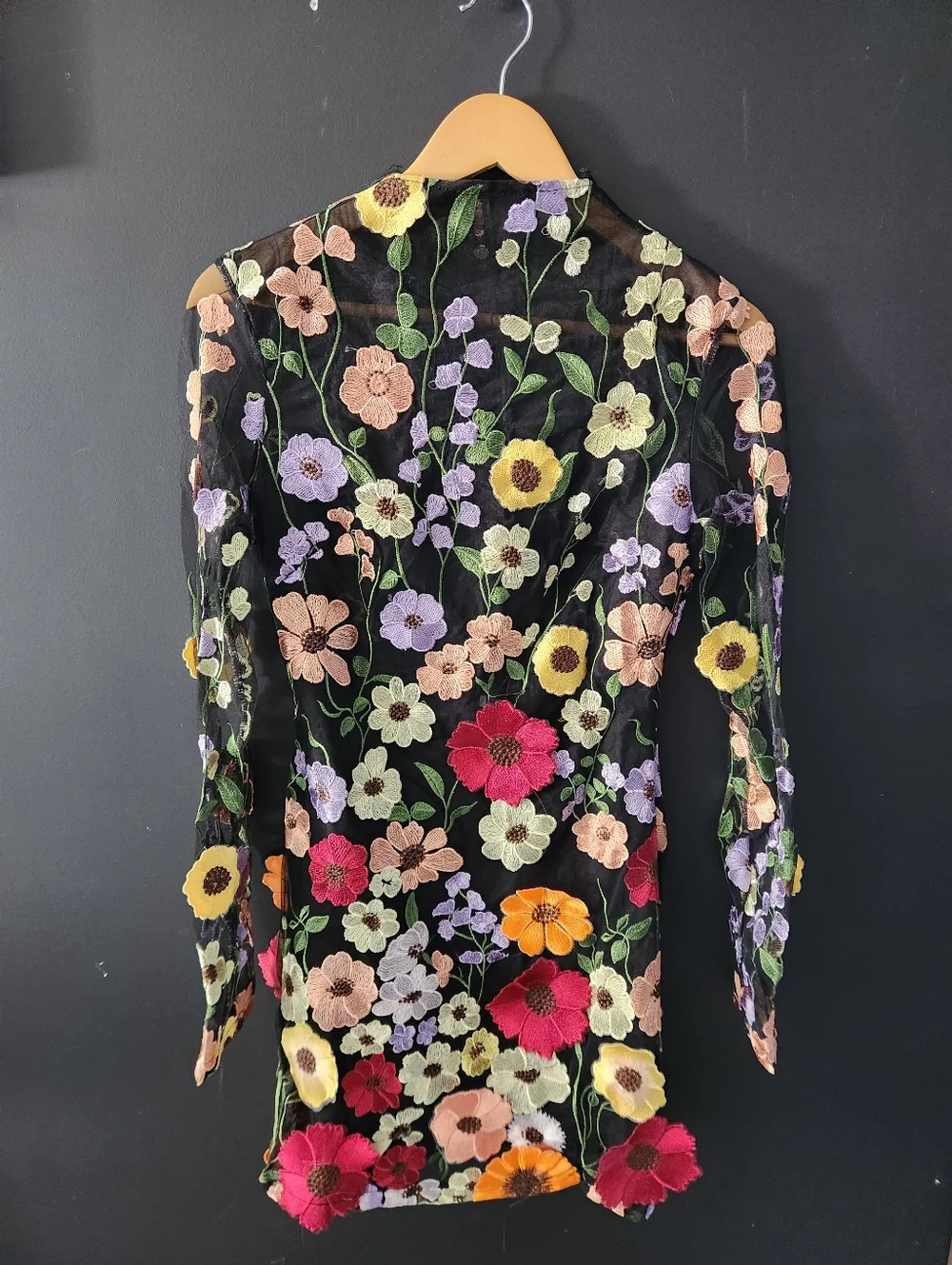 Mew Mews- "Saige" Long Sleeve Mesh Flower 3D Applique' Mini Dress - Picture 3 of 11